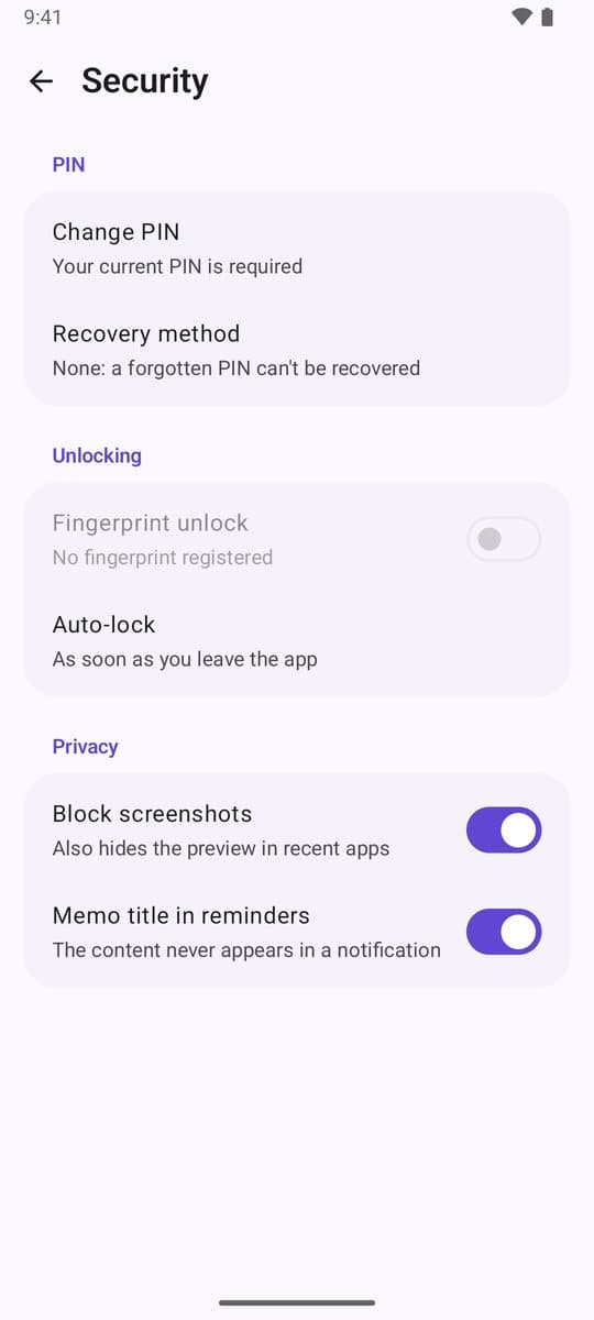 Ajustes de seguridad de MemoLock