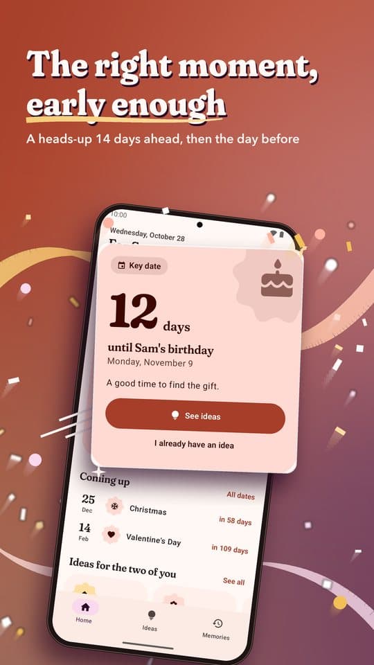 Surprise! key date screen: 12 days until Sam's birthday