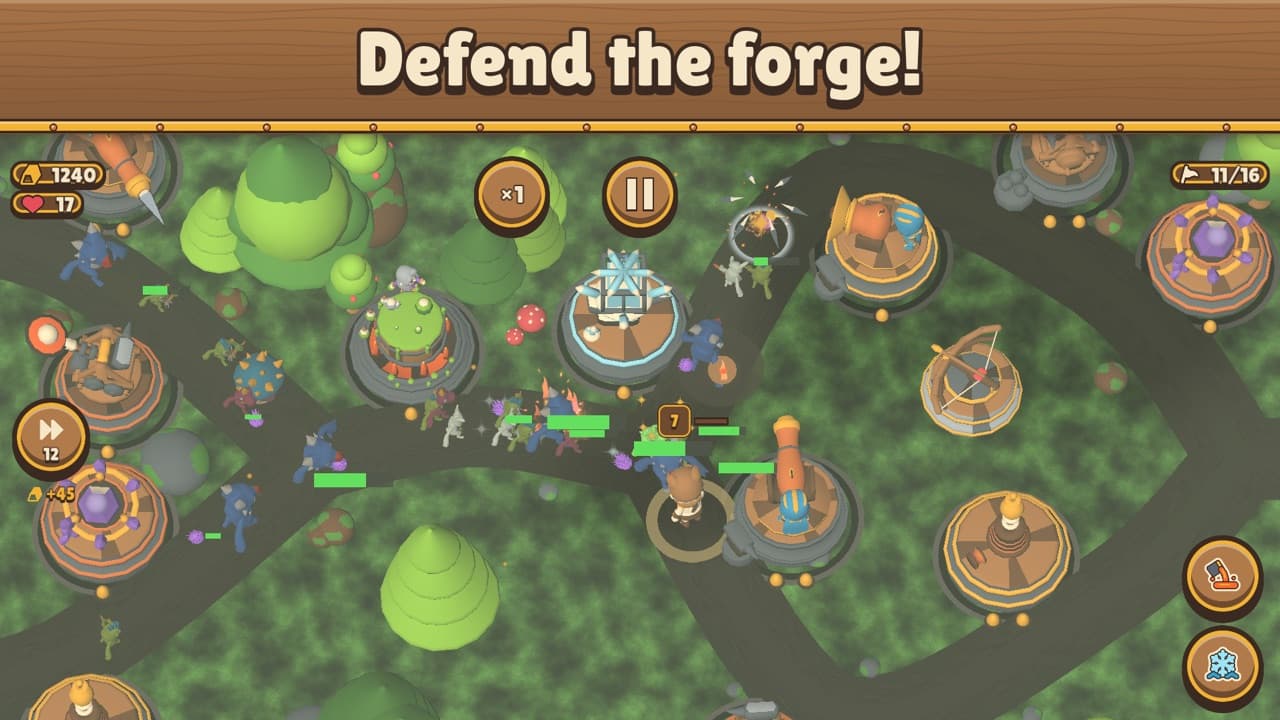 Superalloy battle in the forest: towers on their pedestals, monsters on the road